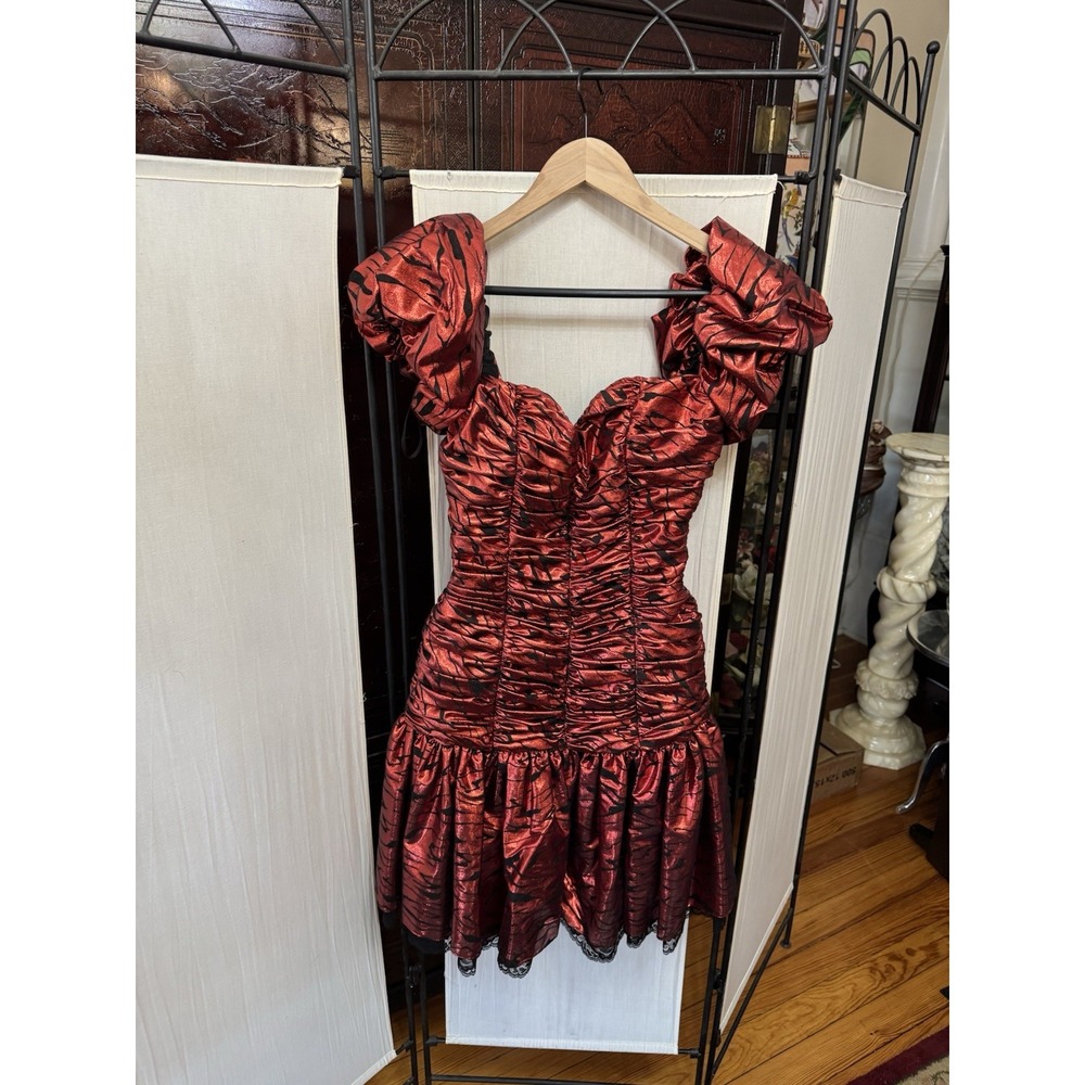 Vintage Red Metallic Ruched Party Dress Puff Sleeve Bow Cocktail Prom 80's Glam
